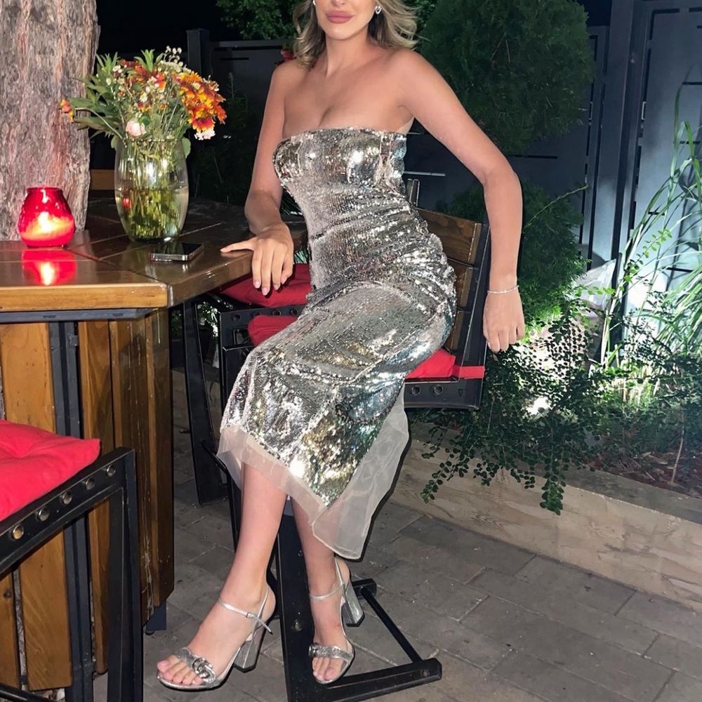 Zara Sequin appliqué Strapless Midi Dress Organza Tulle hem Silver Size XS NWT - Picture 7 of 16